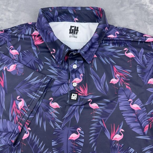 Greater Half Polo Shirt Mens Sz XXL Purple Pink Flamingo Floral Golf Performance - Picture 1 of 6